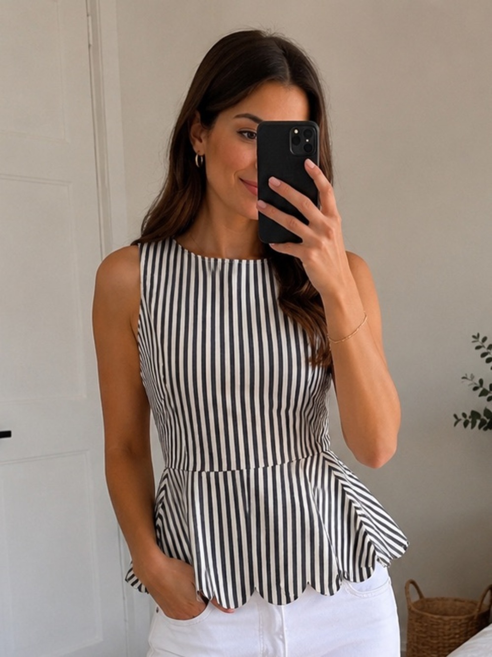 Banana Republic Striped Peplum Top | Navy White | Size 0 | Scalloped Hem